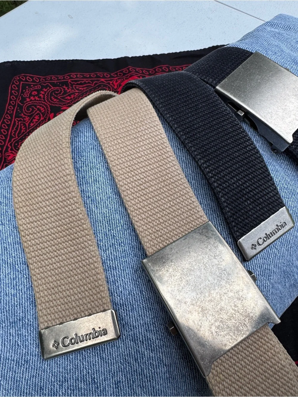 Columbia Canvas Belts Khaki Navy Blue